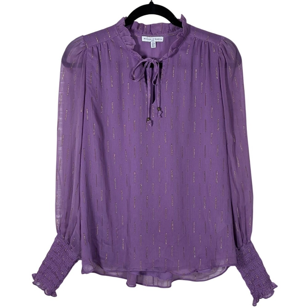 Maison d'Amelie Purple Metallic Stripe Ruffle Neck Smocked Cuff Blouse Small